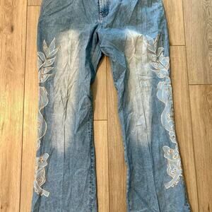 Wide Leg Embroidered‎ floral denim jeans Ashley Stewart Size 36”